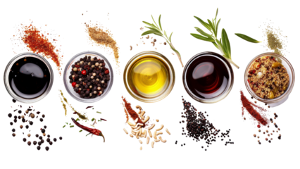A row of five glass bottles with different colored liquids and spices