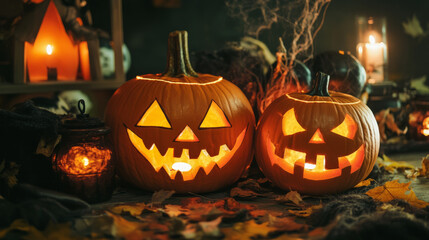 Halloween pumpkins decorations and party supplies with lanterns, candles for a memorable celebration.Halloween is celebrated on October 31st with costumes, trick-or-treating, and spooky decorations