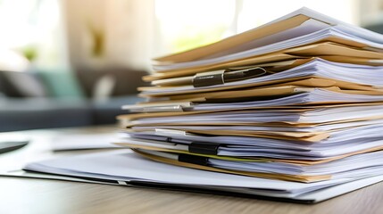 A close-up of a disorganized stack of paperwork on a wooden desk, symbolizing clutter and the need for organization.