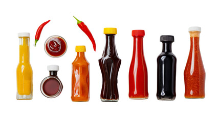 A collection of condiments including ketchup, mustard, and mayonnaise