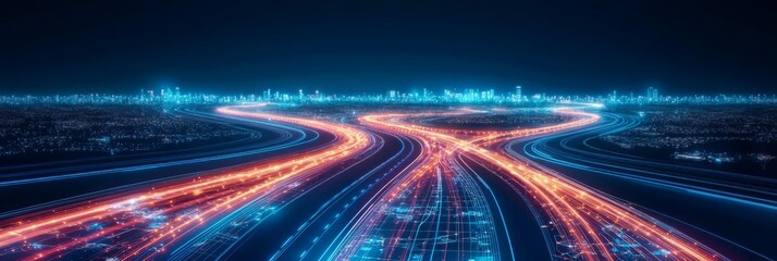 digital highway overlaid on a world map, Global Connectivity and Digital Infrastructure, International Trade and Logistics Networks, Economy and E-commerce, Smart Cities and Global Urbanization. 