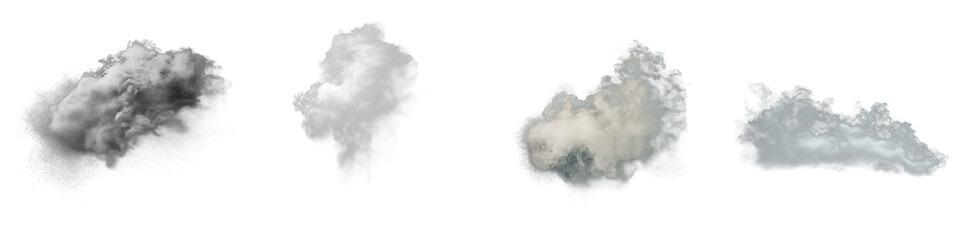 Four Smoke Plumes in Various Shapes and Densities on Transparent Background