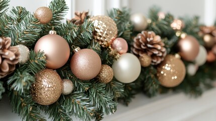 A luxurious Christmas wreath with golden pine leaves and white, gold, and pink ball decorations, creating a perfect combination of festive atmosphere and elegant decoration. Exquisite and luxurious.