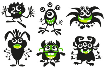 Halloween vector illustration. Funny cartoon black monsters set collection on white background.