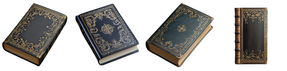 Four Ornate Vintage Books Displayed in Various Positions on Transparent Background