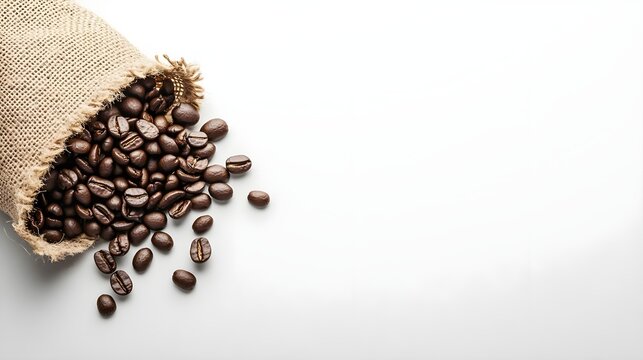 A close-up view of spilled coffee beans from a burlap sack, set against a minimalistic white background.