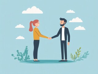 Obraz premium A man and woman shake hands in a deal, signifying partnership and collaboration. 