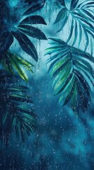 Tropical Leaves Through Rain-Streaked Window.
