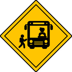 Yellow Sign School Bus Warning. Road Sign. Bus Stop. Schoolboy Entering School Bus With Driver. Vector Icons