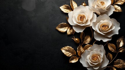 Luxurious white roses and gold leaves are elegantly placed on a black background, creating a dramatic contrast reminiscent of a movie. Exquisite decoration or artistic projects.