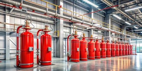Industrial fire suppression system with rows of large red cylinders in a modern facility, showcasing advanced safety equipment and infrastructure for fire prevention and emergency response.
