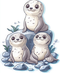 Obraz premium seal sea animal cute cartoon wildlife marine life ocean illustration playful adorable baby seals seal family aquatic creatures pastel colors seaside 