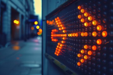 Obraz premium Illuminated arrow sign is giving directions on a city street at dusk