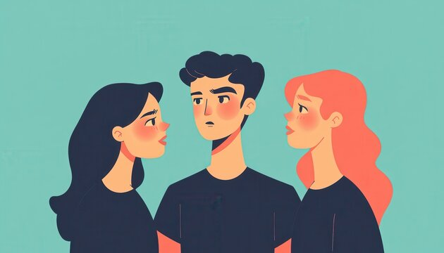 A man stands awkwardly between two women, looking uncomfortable. They seem to be having a difficult conversation.
