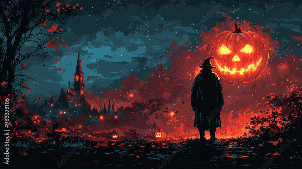 Wall mural a mysterious figure stands before a glowing jack-o-lantern in a dark, spooky landscape.