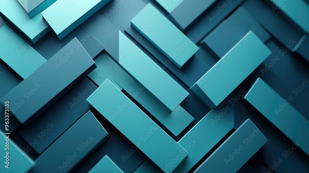 Poster abstract geometric pattern featuring overlapping rectangular shapes in varying shades of teal, creat