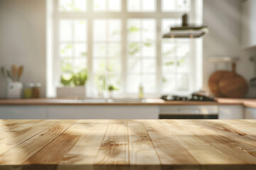 Empty wooden tabletop with blurred kitchen background