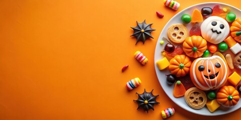 Plate with Halloween themed sweets and decorations on orange background, top view with copy space