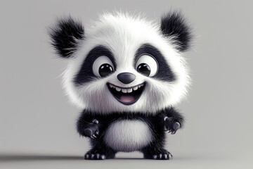 A cute cartoon panda with big eyes and a big smile, standing on a gray background.