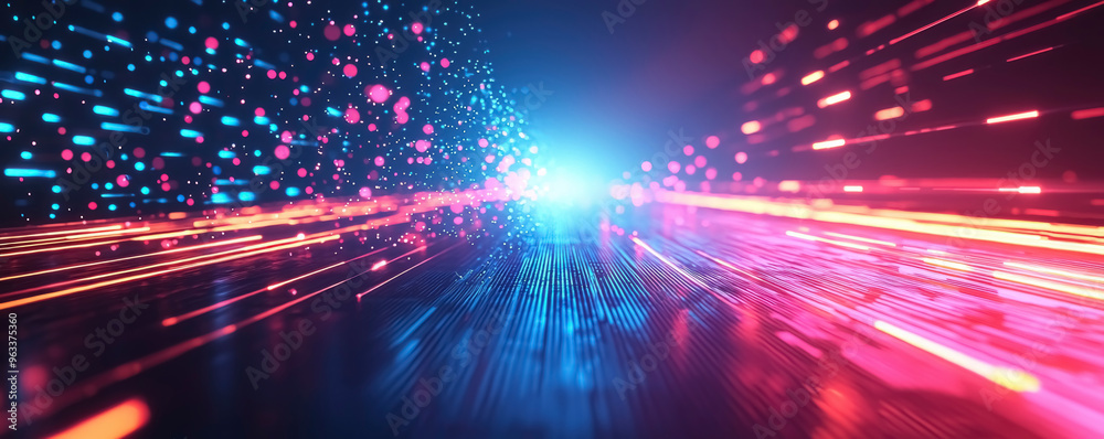Poster vibrant light trails and sparkling particles create a dynamic sense of speed and motion, evoking a c