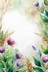 Naklejka premium Watercolor Flowers pattern frame template with copy space. Flowers background pastel colors. Floral illustration. Floral card. Greeting card mock up.