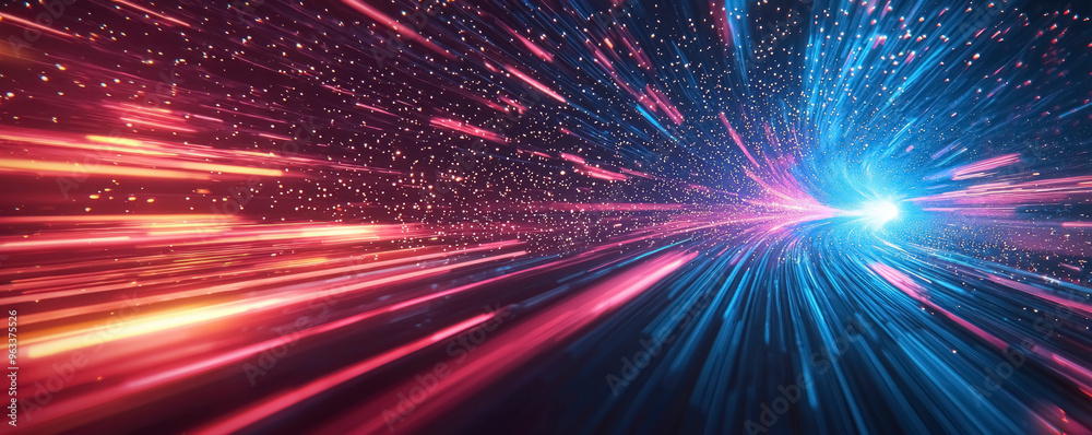 Poster dynamic abstract depiction of light trails and particles in vibrant colors representing speed and mo