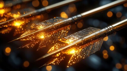 Golden arrow fletching illuminated by sunlight in a vibrant outdoor setting during late afternoon hours