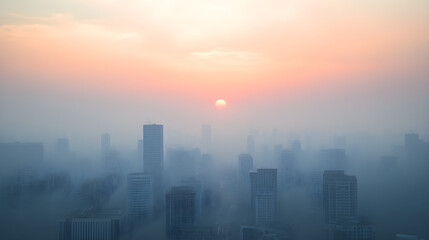 Fototapeta premium A city skyline covered in thick smog at sunset creates a hauntingly beautiful scene, with buildings fading into the hazy atmosphere