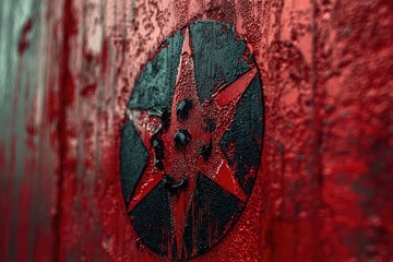 A Biohazard Symbol Emerges from a Crimson Tide of Water Droplets