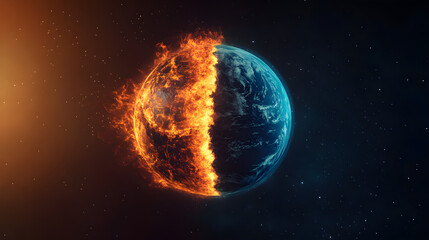 A digital representation of Earth with one half engulfed in flames while the other remains lush and...