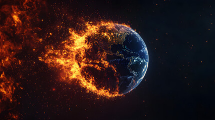 Obraz premium A digital representation of Earth surrounded by flames symbolizes climate change and environmental destruction showcasing a vivid contrast between beauty and chaos