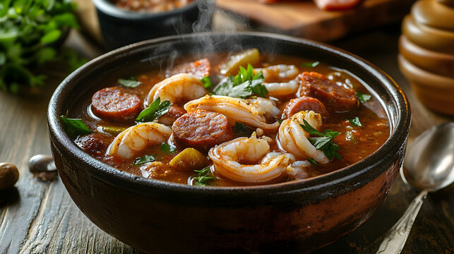 A delicious bowl of gumbo with shrimp and sausage, steam rising, garnished with fresh herbs, set on a rustic wooden table