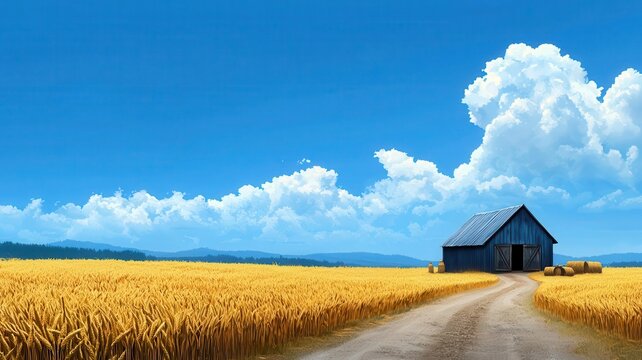 Golden wheat fields, barnyard with harvest tools, 3D illustration