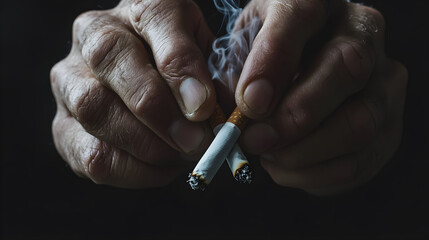 A pair of hands crushing holding two cigarettes crossed, symbolizing the act of quitting smoking and breaking free from addiction