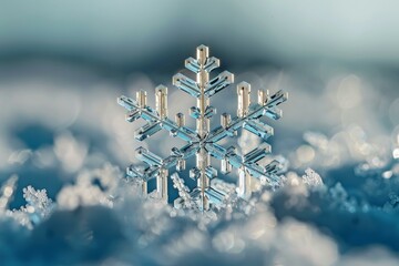 Macro photograph of a detailed snowflake resting on a bed of fresh snow