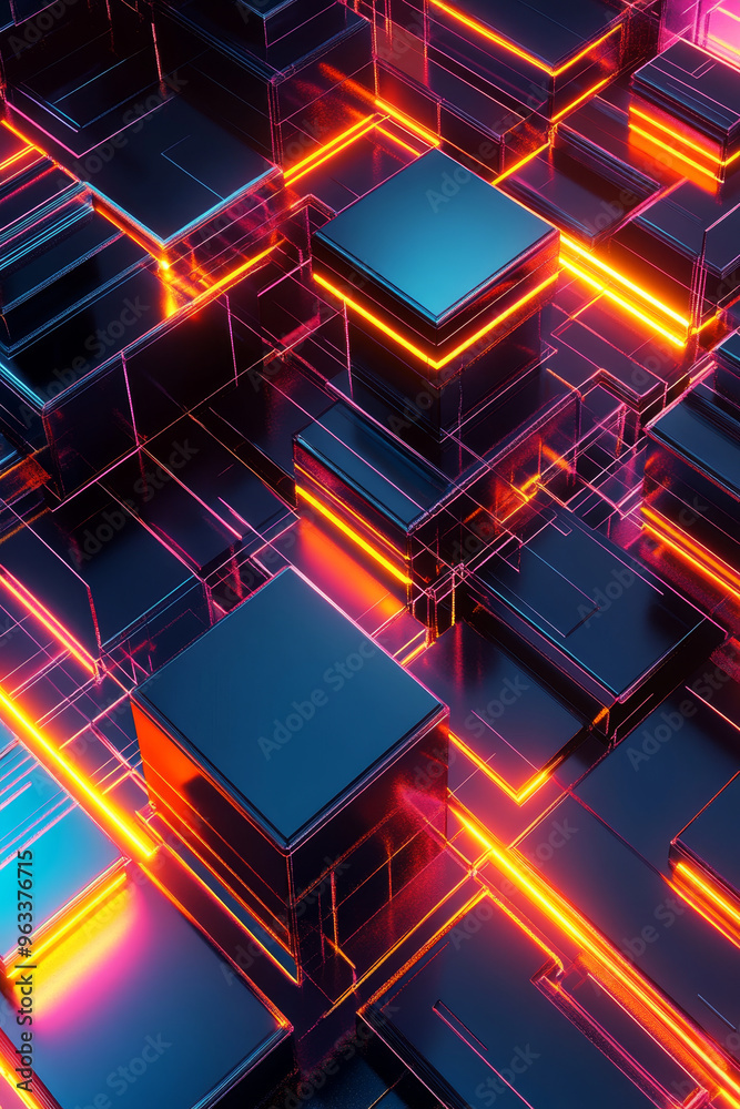 Poster glossy 3d elements with glowing edges create vibrant, futuristic scene. interplay of light and shado