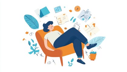 Obraz premium Woman relaxing in a chair, surrounded by papers and leaves