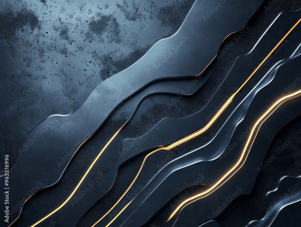 Poster sleek metallic forms create dynamic pattern against dark textured background, enhanced by glowing li