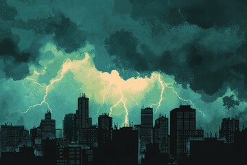 Obraz premium Thunderous Skies: A City Under a Dramatic Storm