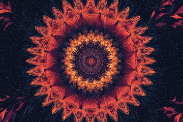 A fiery mandala explodes against a dark, starry backdrop, radiating an aura of celestial energy.