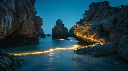 Fototapeta premium long exposure of a light in a coastal part with sea at night