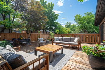 Backyard deck with outdoor furniture and wooden fence, capturing a suburban home landscape on a sunny day with a blue sky, photo taken from the back of the yard using a wide-angle lens.