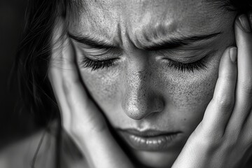 A close-up monochrome portrait of a young woman expressing deep emotional distress Her hands clutch her head, revealing intense feelings of anxiety and introspection