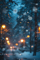 Snow falling on city street at twilight with twinkling lights
