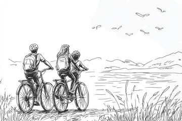 Obraz premium A Family's Bike Adventure: Three silhouettes ride bikes along a serene lake, with birds soaring overhead, a moment of shared joy and peaceful exploration.