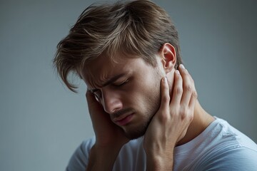 Fototapeta premium A young man appears distressed, covering his ears with his hands The expression on his face conveys emotional pain or overwhelming noise, highlighting a moment of vulnerability and introspection