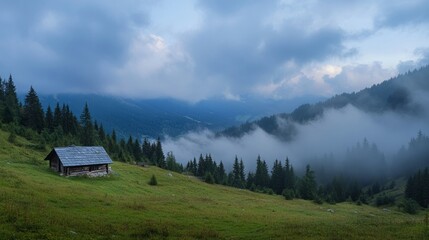 Obraz premium bird's eye view, in the fog, mountain hut, sky, clouds, nature, landscape, storm, cloud, mountain, tree, weather, forest, trees, fog, sunset, dark, mountains, cloudscape, mist, summer, rain, blue, 
