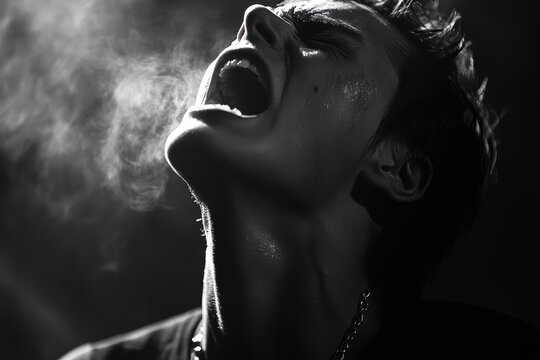 A captivating black and white portrait showcasing raw emotion The figure expresses intense feelings, with steam rising, highlighting the power of sound and personal struggle