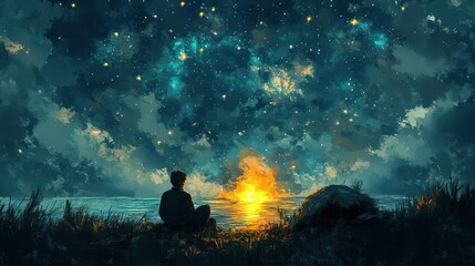 Serene Reflection - Man Sitting by Campfire Under Starlit Sky in Watercolor Style