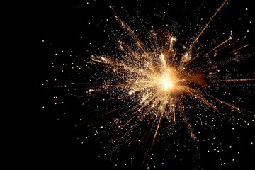 Obraz premium A dazzling burst of golden fireworks explodes against a starless night sky, leaving a trail of shimmering sparks and a fleeting moment of brilliance.